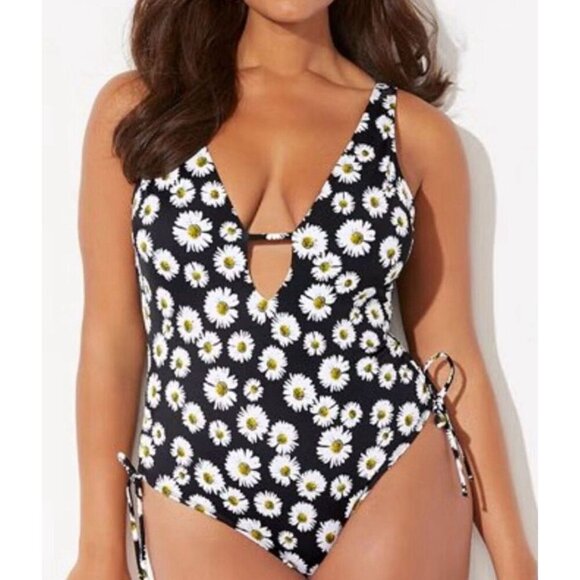 Ashley Graham One Piece Swimsuit Size 10 Black Daisy Floral A-List Plunge Ties - Picture 2 of 12